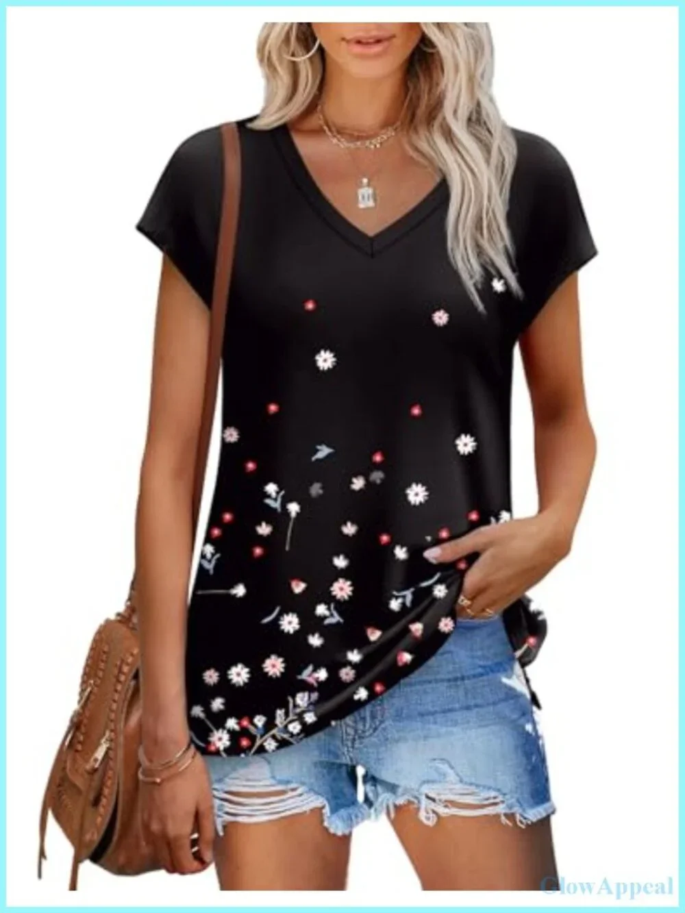 Womens V Neck Cap Sleeve Loose Fit Tee Shirt Eyelet Printed Summer Top